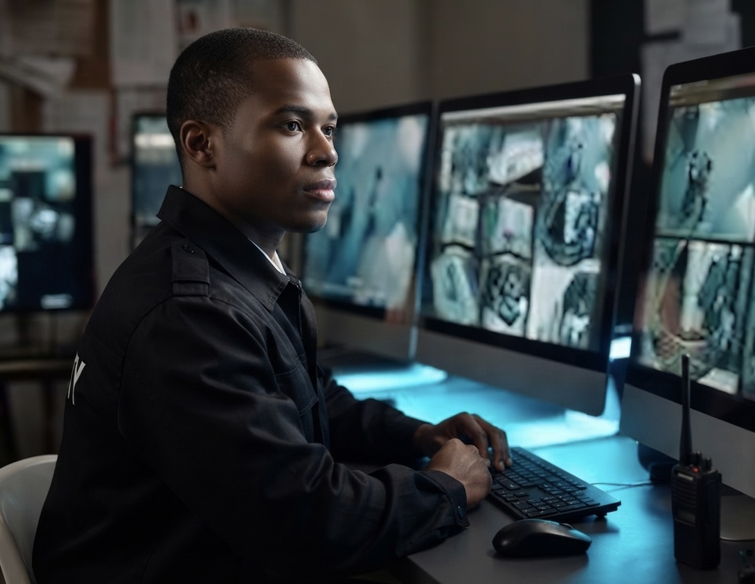 Earth Summit security operator monitoring CCTV surveillance feeds in the control room
